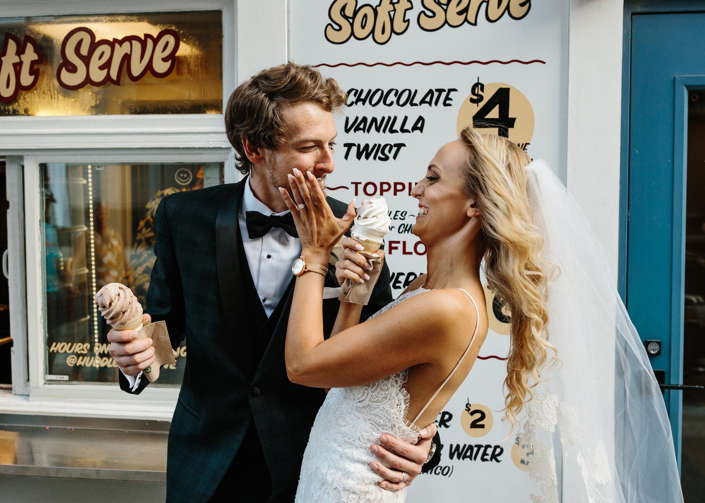 Bride and groom at Huddle Ice Cream in Detroit, Michigan next to the Shinola Hotel