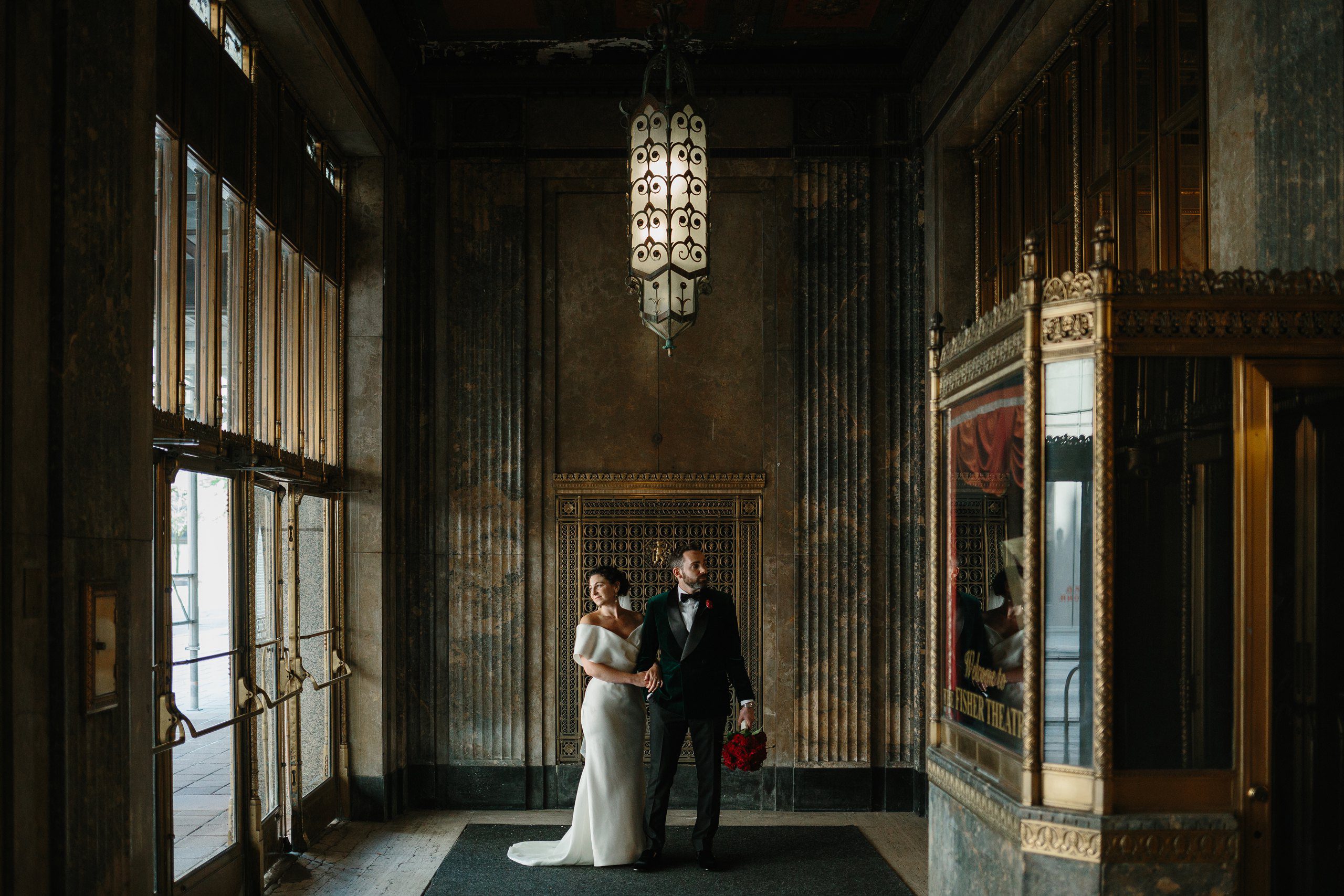 Bride and groom portraits at the Guardian Building in Detroit